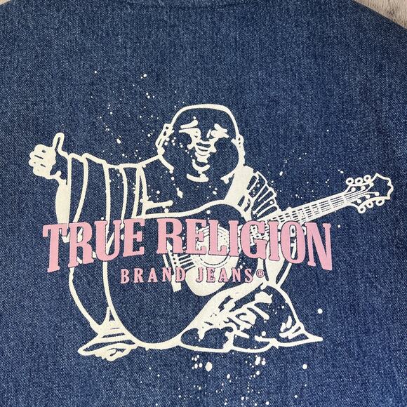 True Religion Guitar Buddha Varsity Jacket Women Large Denim White Retro Y2K NEW - Picture 6 of 12
